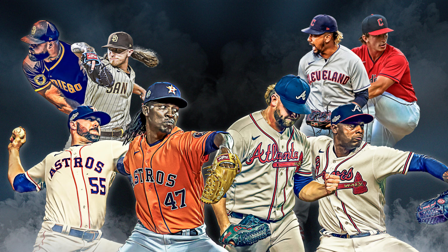A photo illustration shows eight pitchers with smoke in the background
