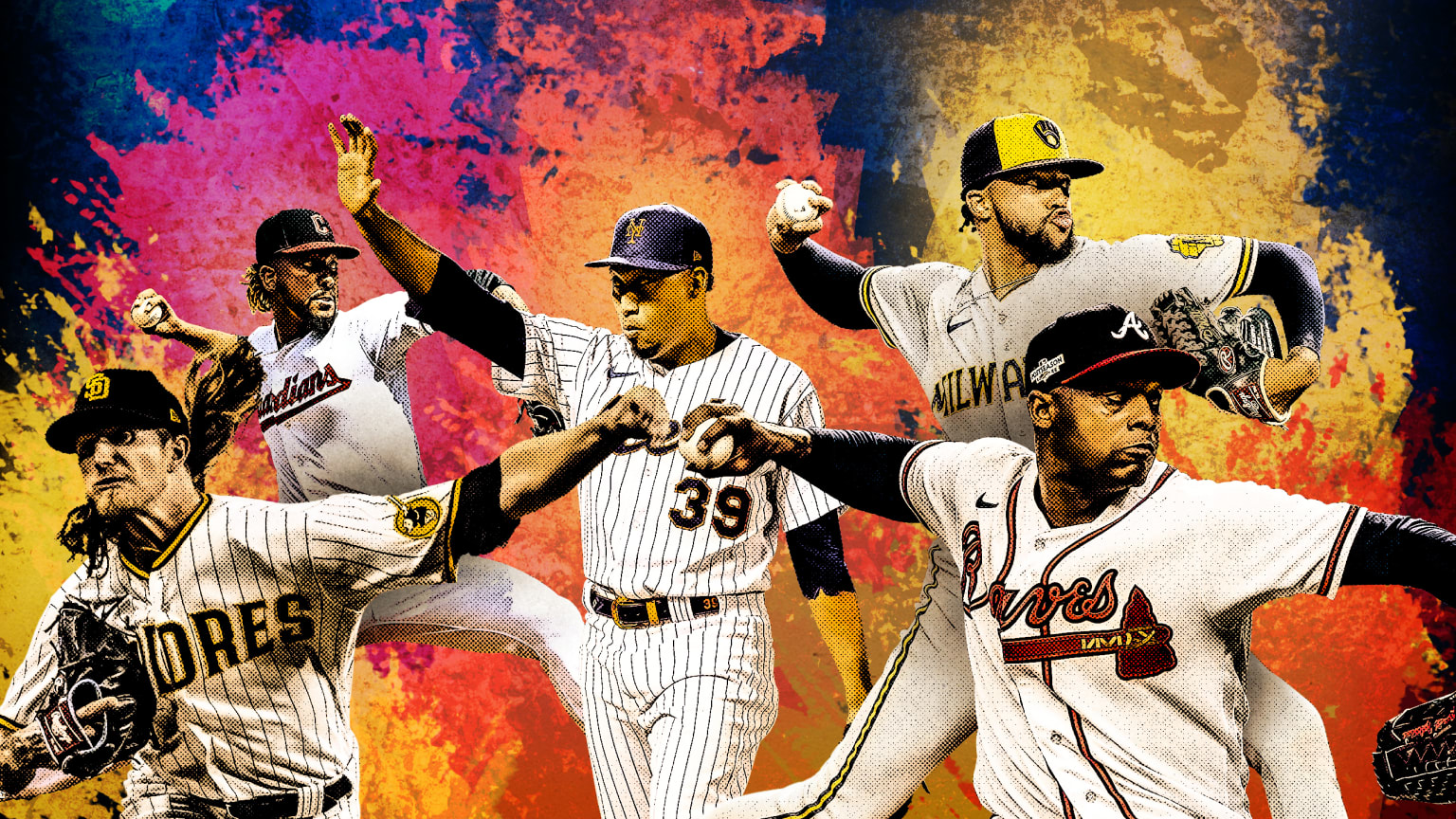 A photo illustration of five pitchers against a multicolored splattered background