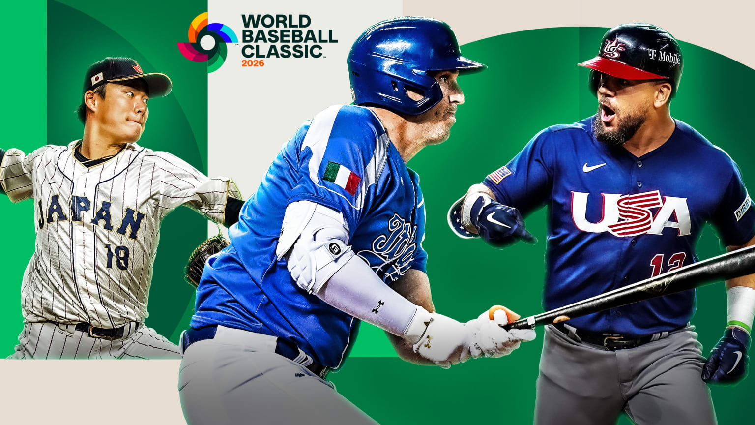 Yoshinobu Yamamoto, Vinnie Pasquantino and Kyle Schwarber with the World Baseball Classic 2026 logo