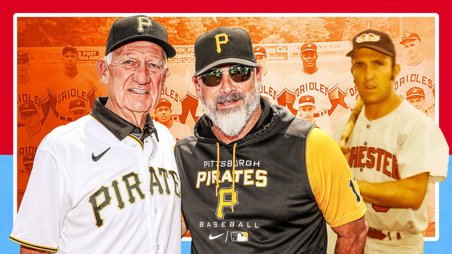 A photo illustration of Ron and Derek Shelton in Pirates clothing and a young player with a bat over his shoulder