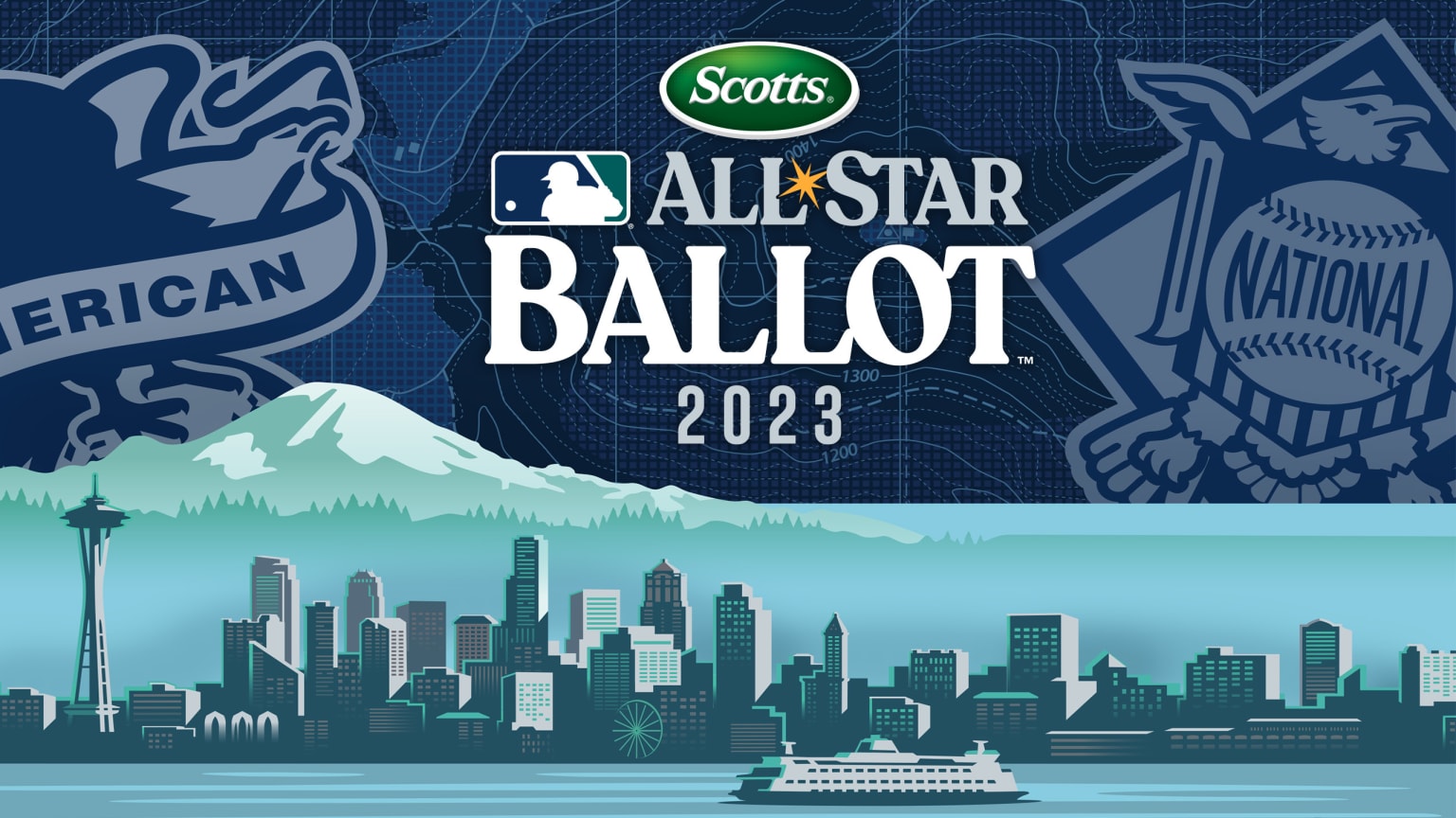 A graphic of the Seattle skyline below logos for the American and National leagues and the words ''All-Star Ballot 2023''