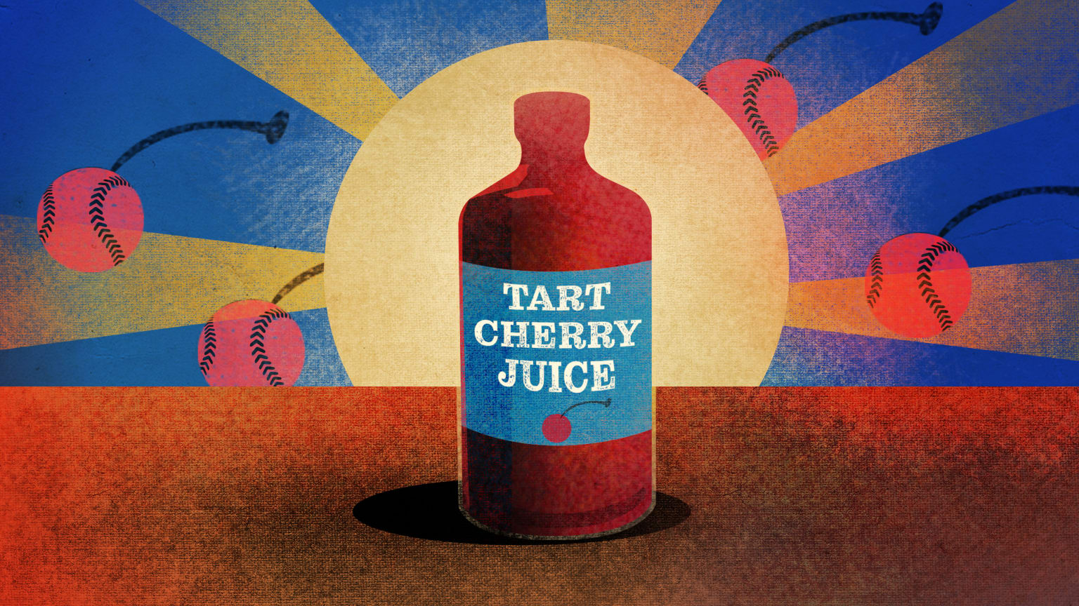 An illustration of a red bottle, the label reading, ''Tart Cherry Juice.''