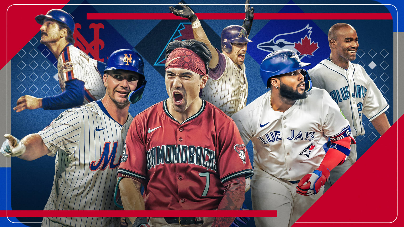 The Mets' Keith Hernandez and Pete Alonso, the Diamondbacks' Luis Gonzalez and Corbin Carroll, and the Blue Jays' Carlos Delgado and Vladimir Guerrero Jr.