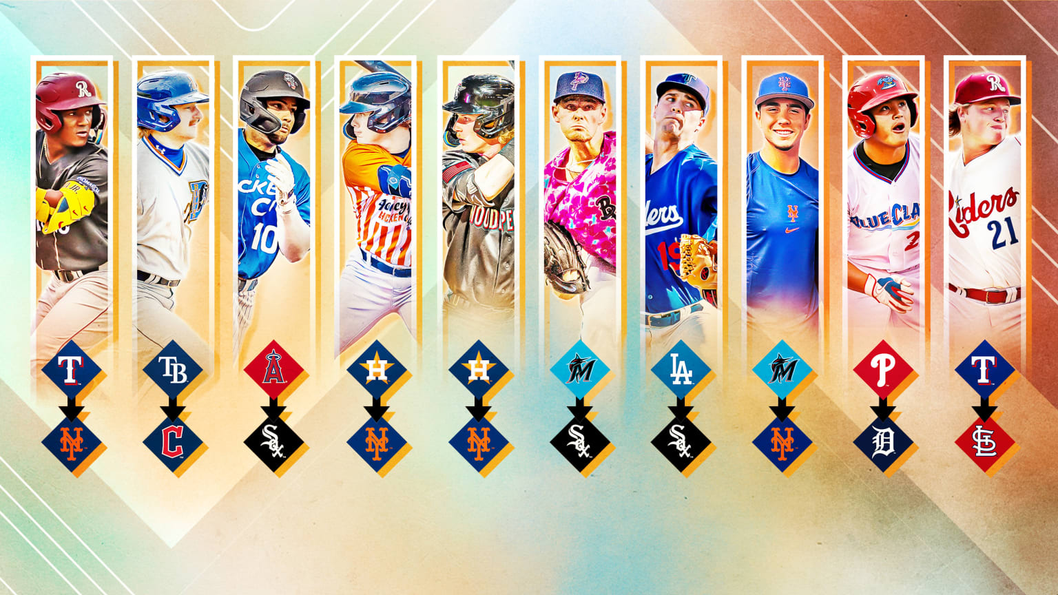 10 prospects are pictured above the logos of their old and new organizations