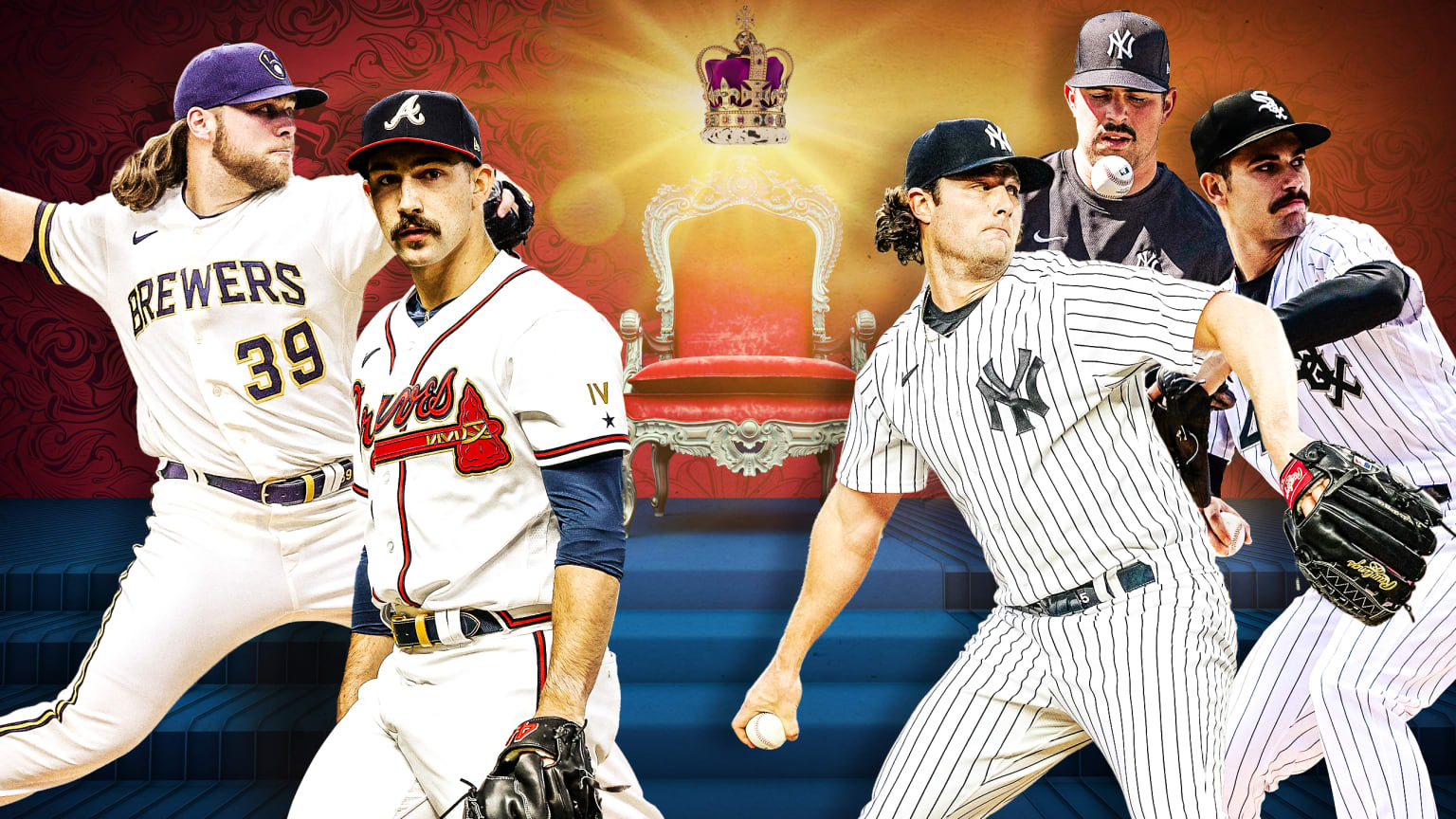 A photo illustration showing 5 pitchers in front of a throne with a crown shining above it