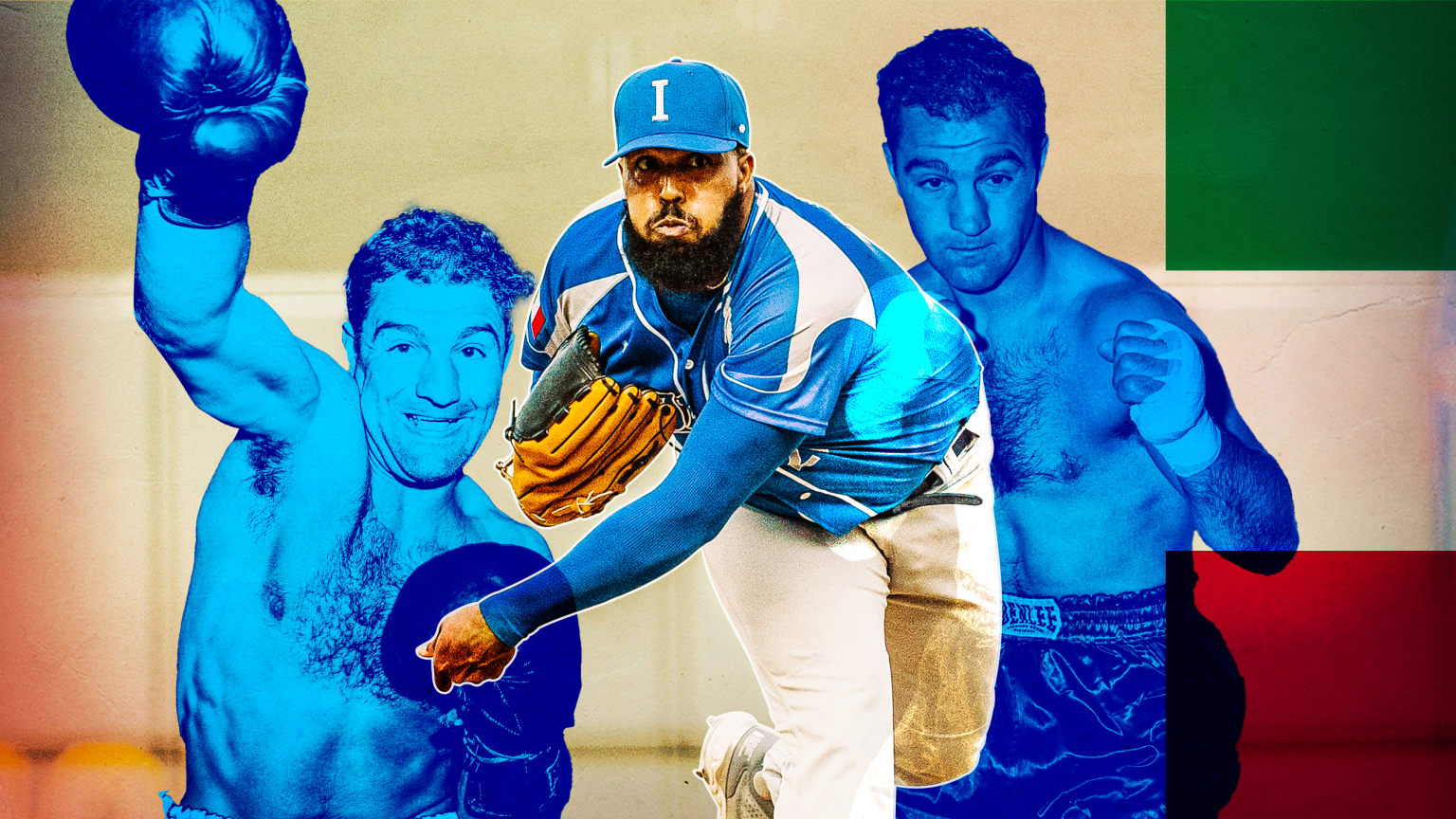 A photo illustration showing a pitcher between two images of a boxer