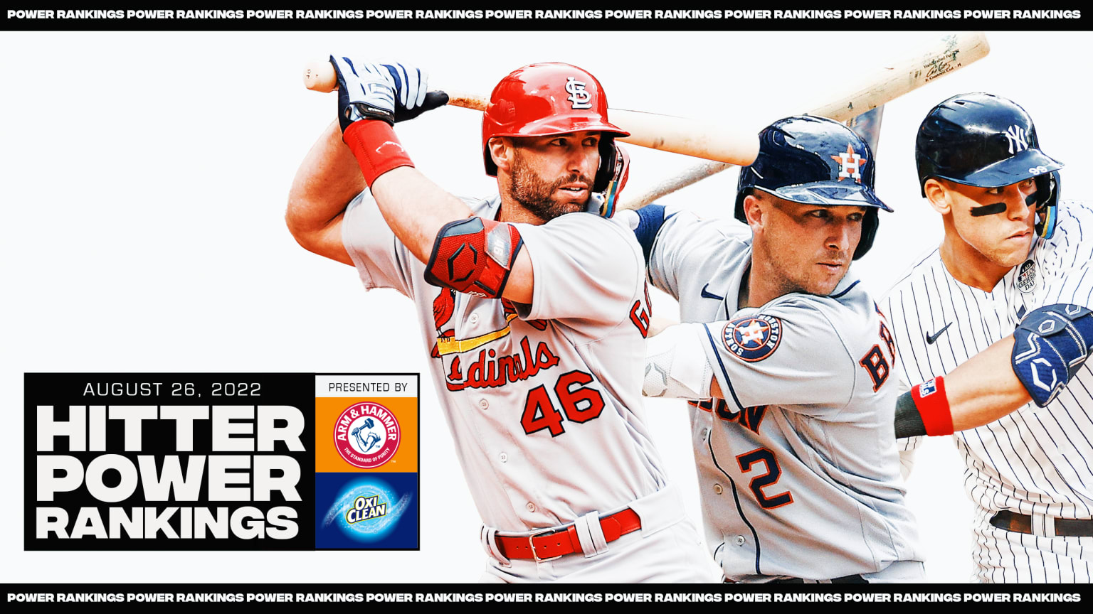 Images of Paul Goldschmidt, Alex Bregman and Aaron Judge hitting next to a logo reading, ''HITTER POWER RANKINGS''