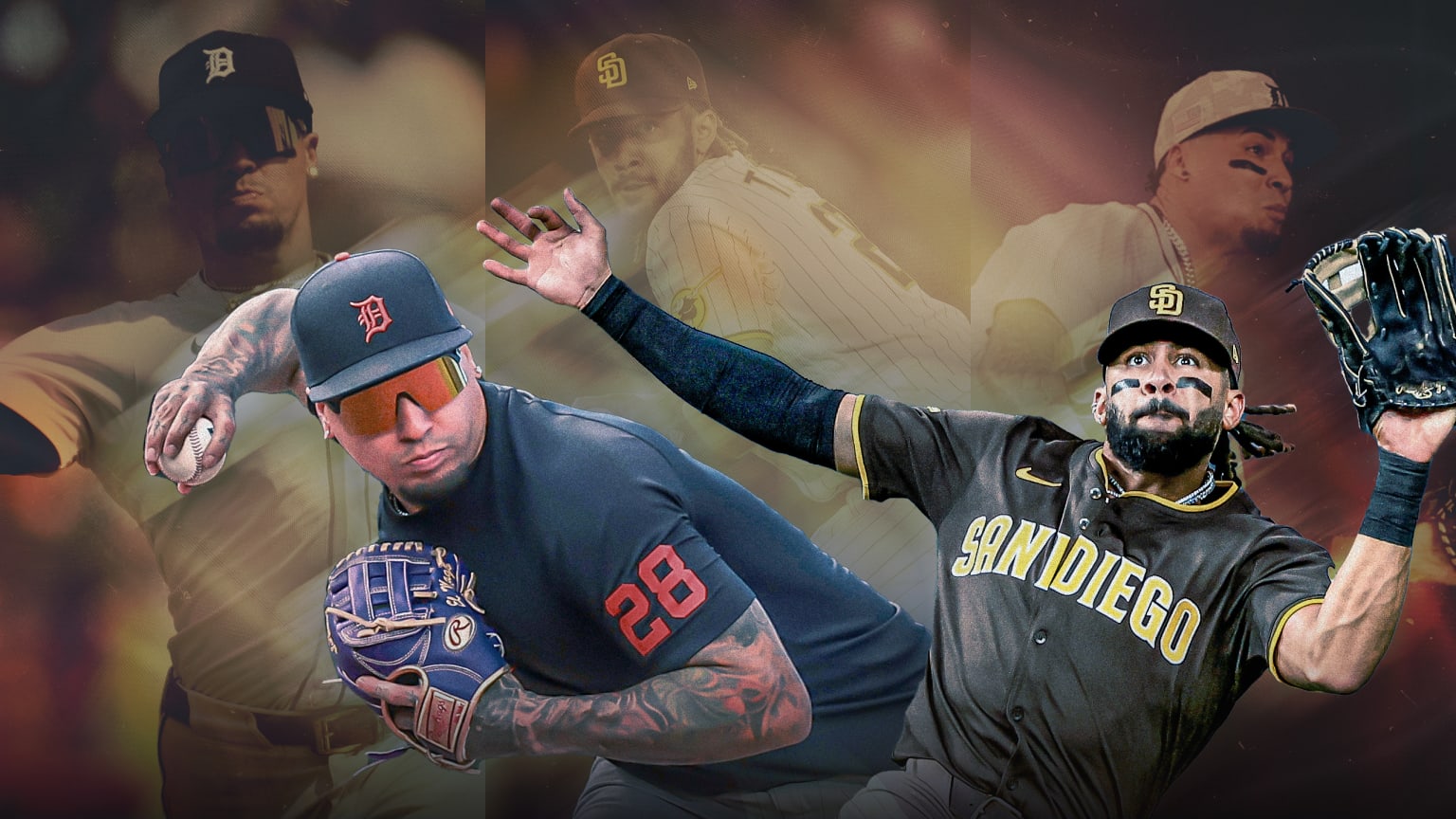 Images of Javier Báez and Fernando Tatis Jr. playing in both the infield and outfield