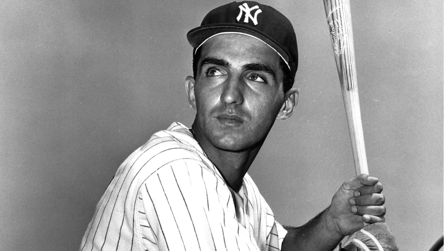 A black-and-white photo of a Yankee in a batting pose