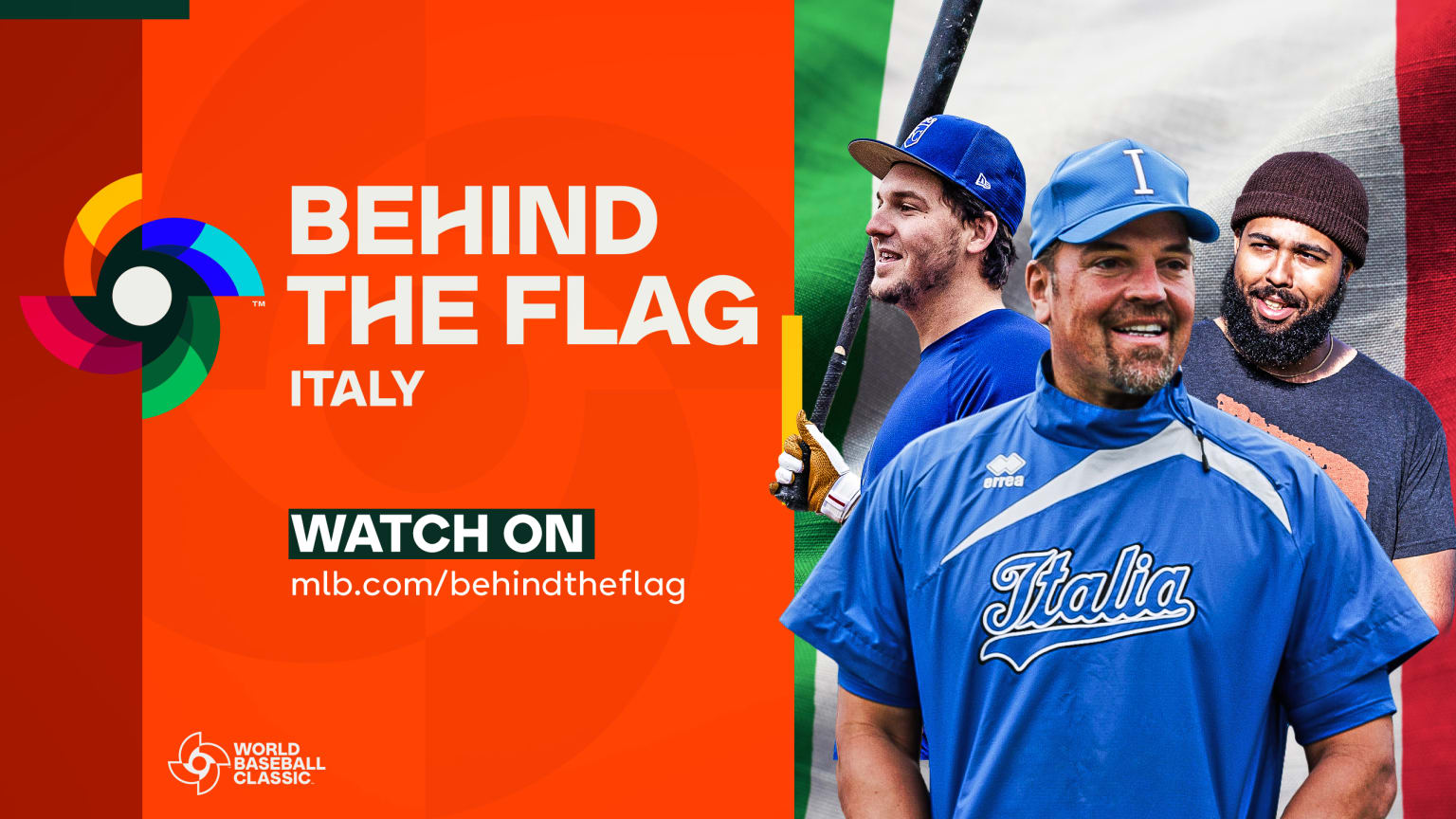 A graphic reading ''Behind the Flag: Italy'' on an orange background with photos of three people to the right