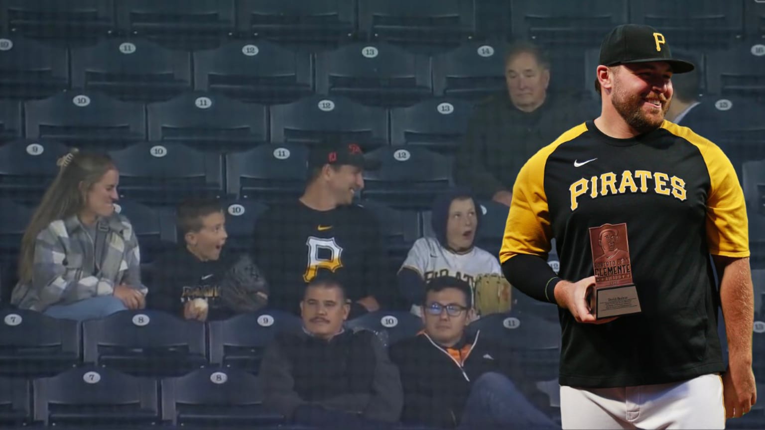 A composite image showing a smiling David Bednar over a screengrab of a family in the stands, the two young boys with looks of awe on their faces