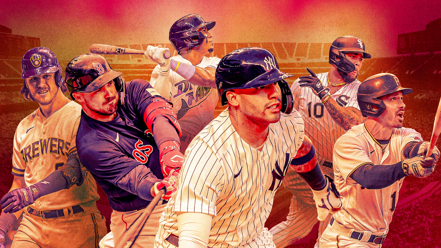 A photo illustration with 6 hitters in an orange tint