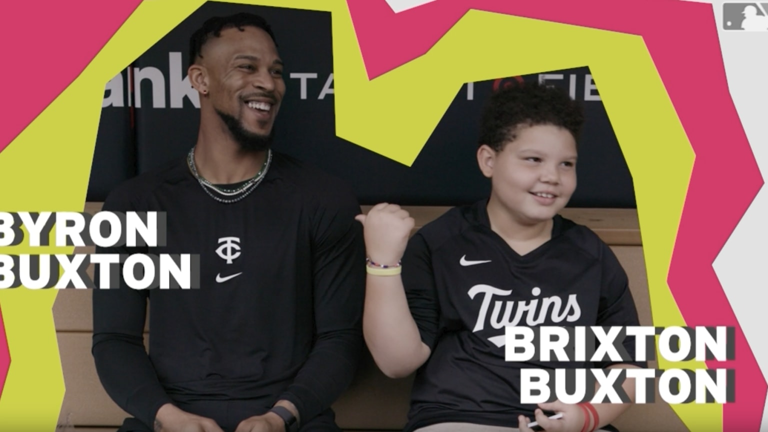 Designed art of Byron Buxton sitting in a dugout smiling alongside his son Brixton