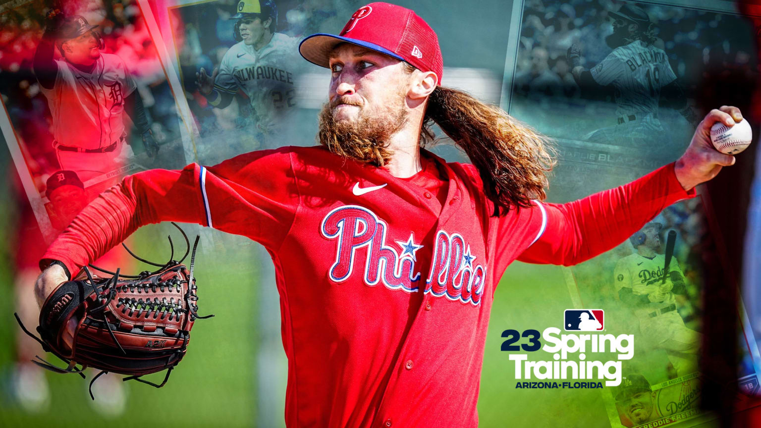 A photo illustration of left-handed Phillies pitcher Matt Strahm over a background of faint baseball card images