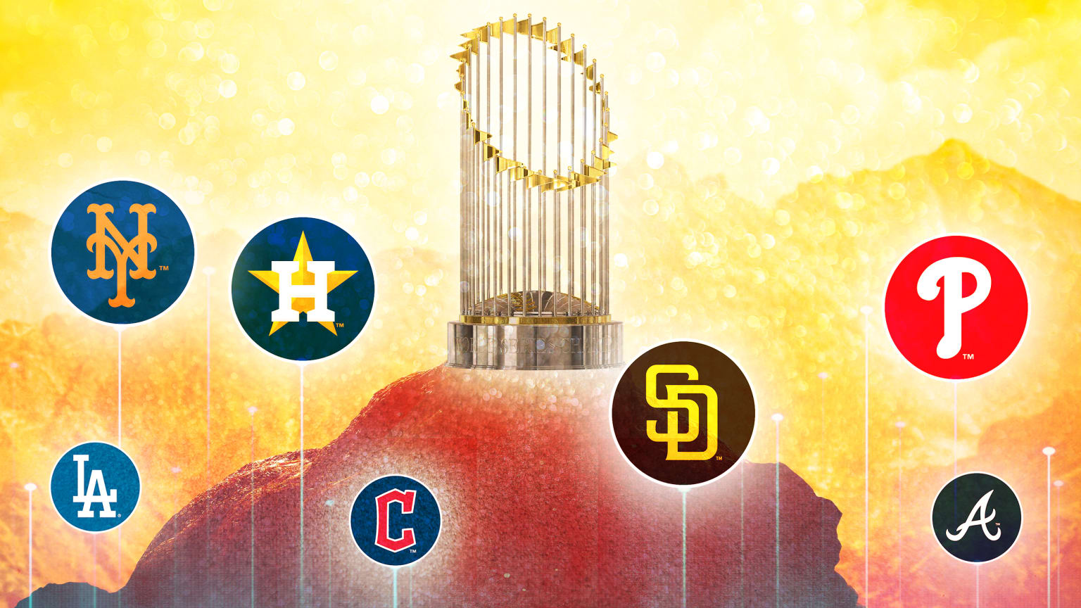 A photo illustration shows the World Series trophy behind six team logos
