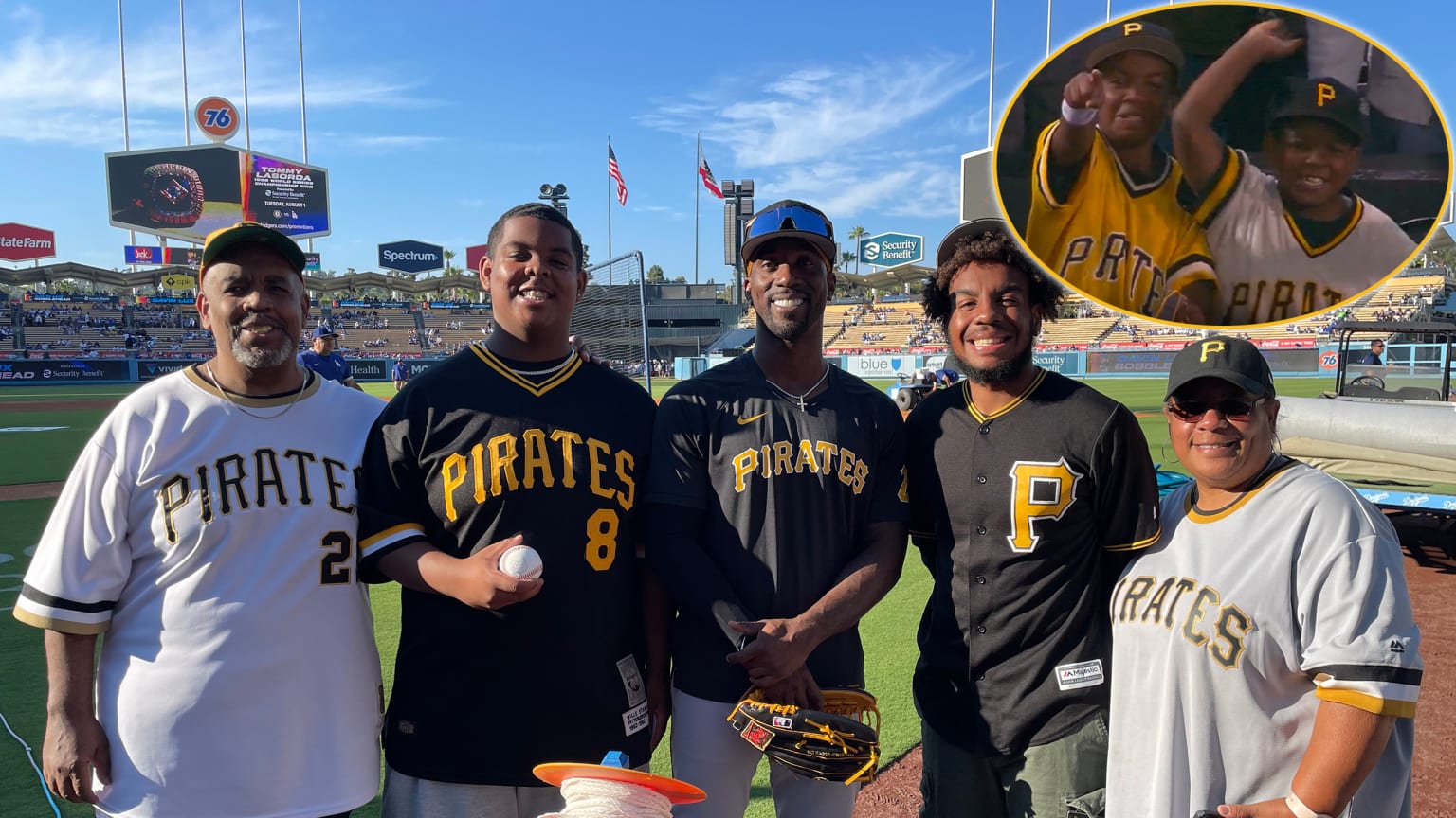 Andrew McCutchen poses with the McCreary family. An inset in the upper right shows Chrisopher and Elijah McCreary as kids