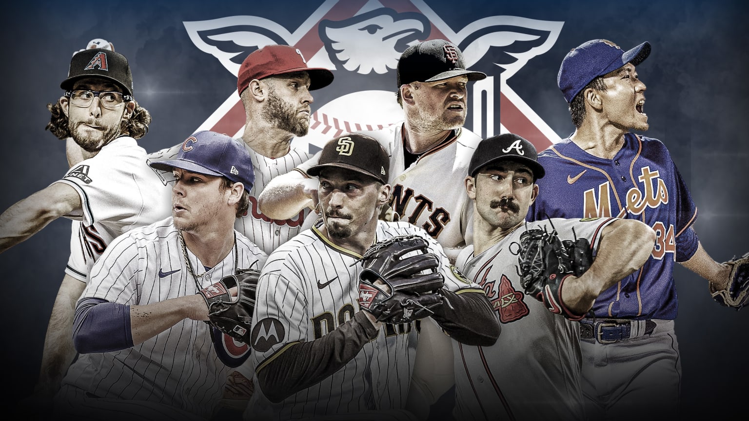 Seven pitchers are pictured in front of the National League logo