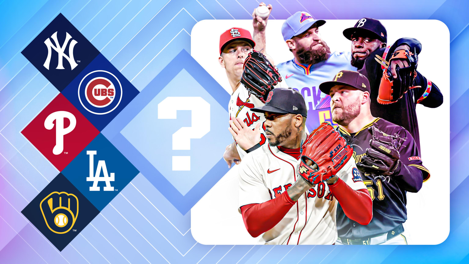 An image depicting five logos of contending teams next to five relievers who could be traded