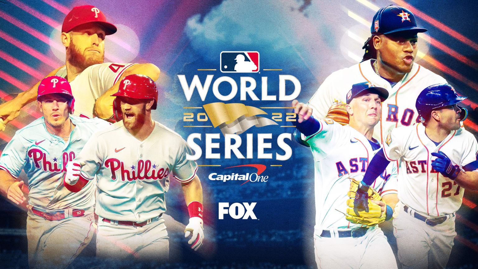 Three Phillies on the left and three Astros on the right, with the World Series logo in the middle