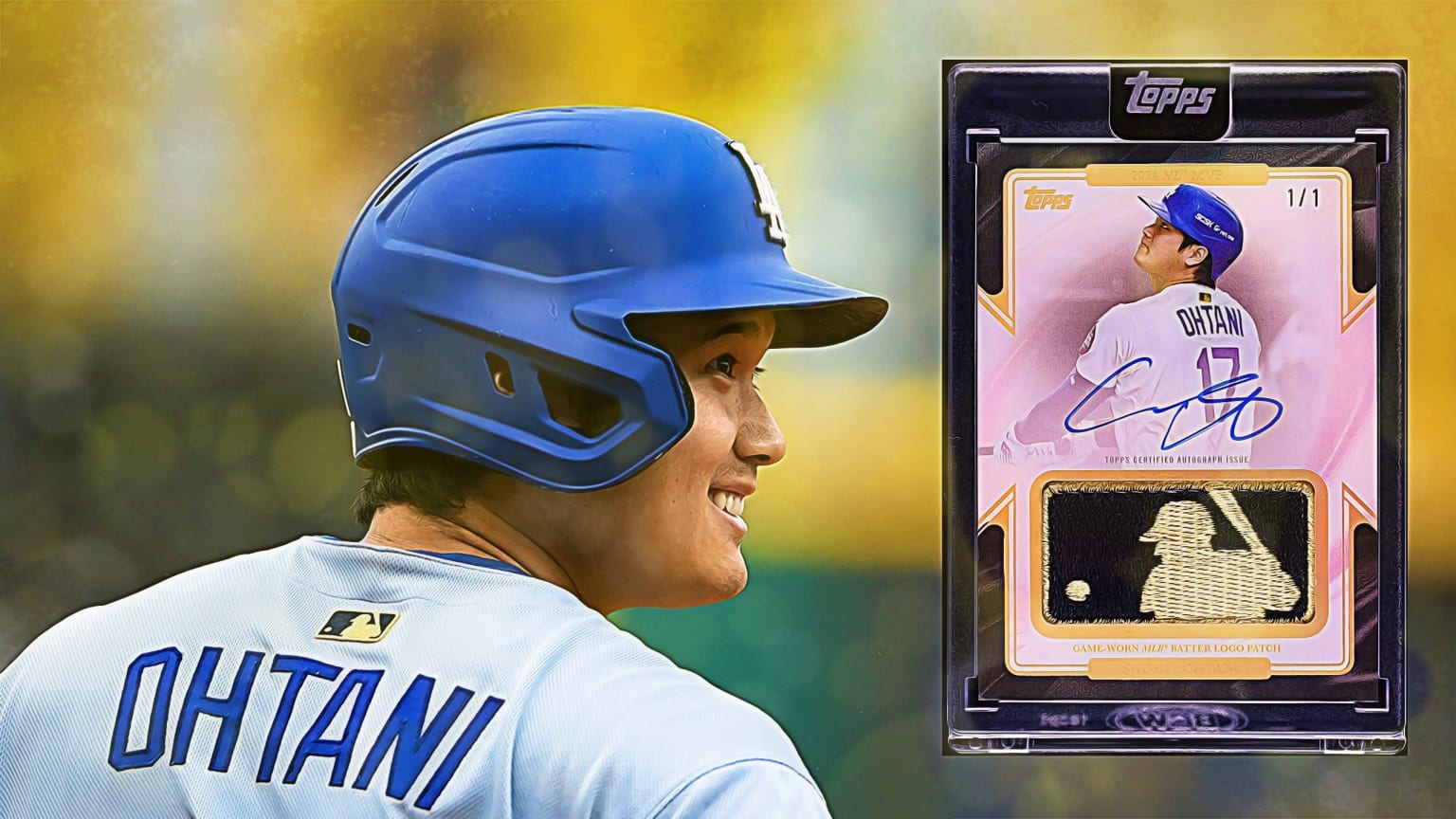 Shohei Ohtani with an inset of the record-breaking trading card