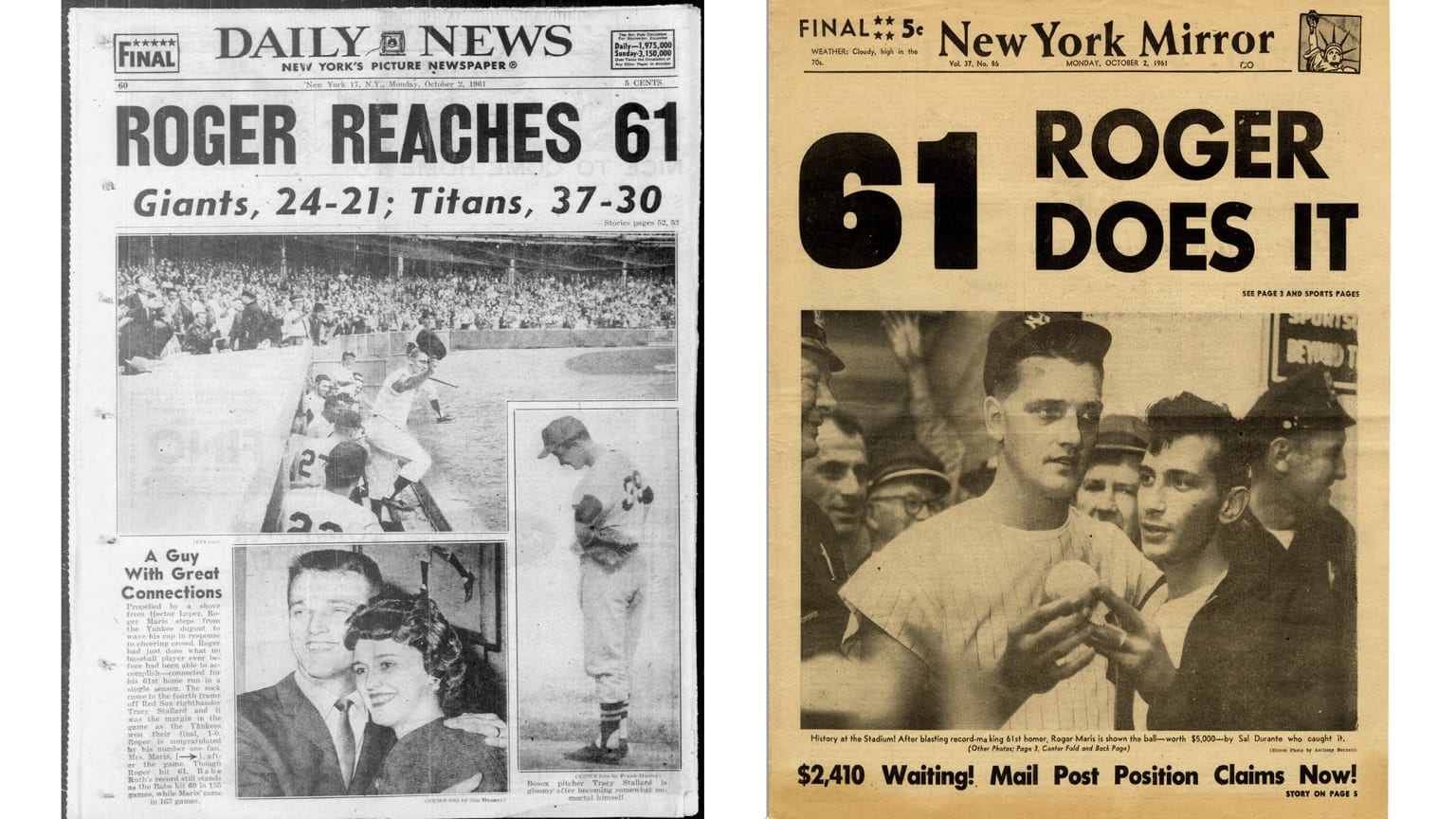 Images of the New York Daily News and New York Mirror front pages announcing Roger Maris' 61st home run