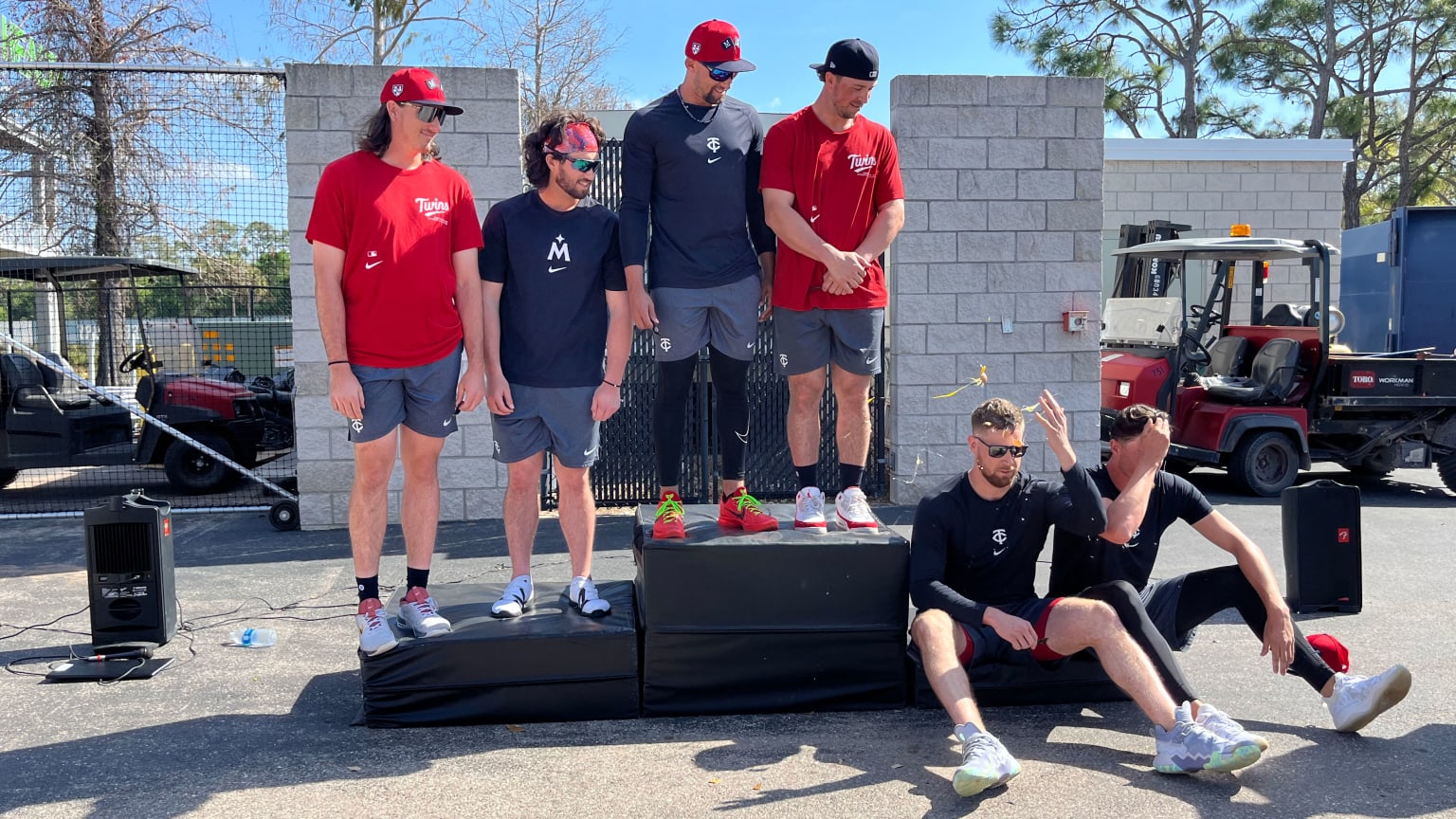 Twins players on the podium after their egg competition