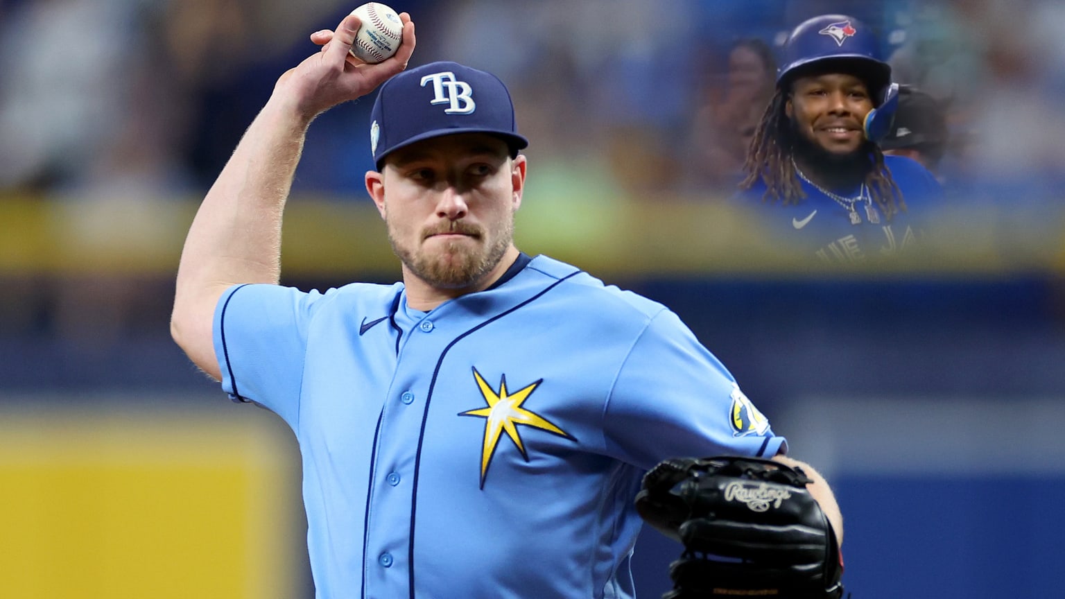 Luke Raley pitching with an inset of a smiling Vladimir Guerrero Jr.