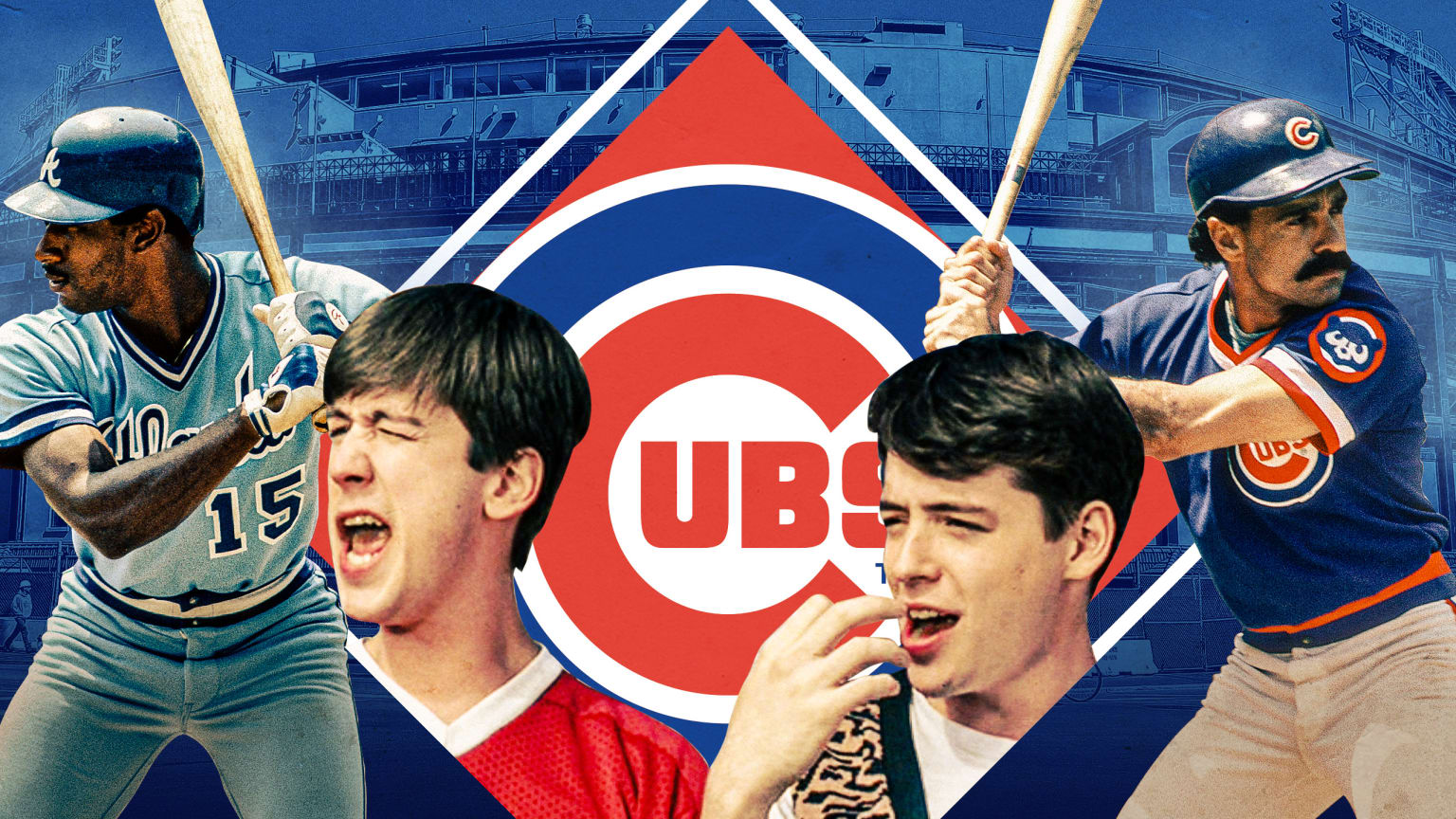 Actors Alan Ruck and Matthew Broderick in the Wrigley Field scene from ''Ferris Bueller's Day Off'' blended together with Braves batter Claudell Washington and Cubs batter Davey Lopes