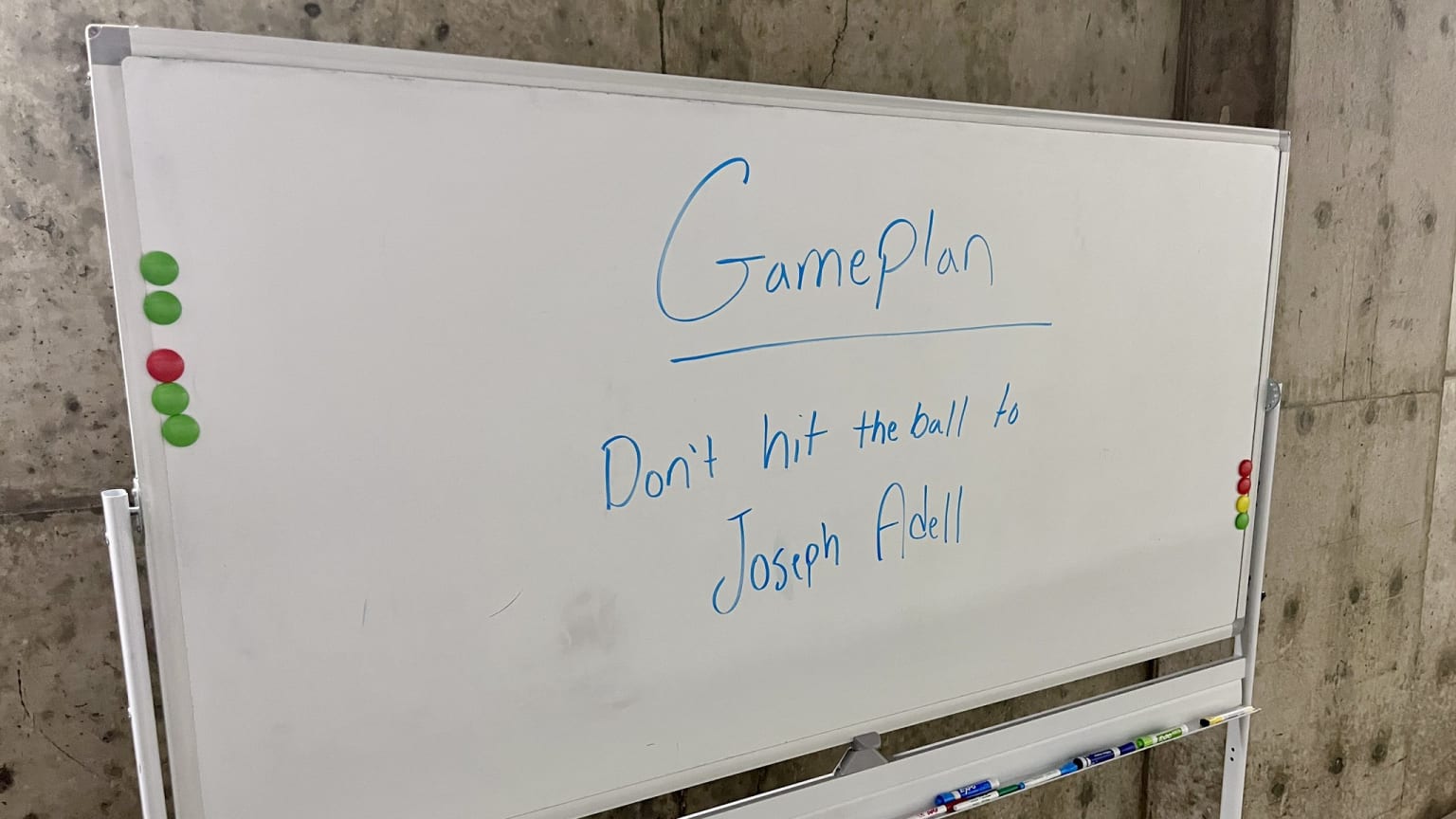 A gameplan written on a clubhouse whiteboard saying not to hit the ball to Jo Adell