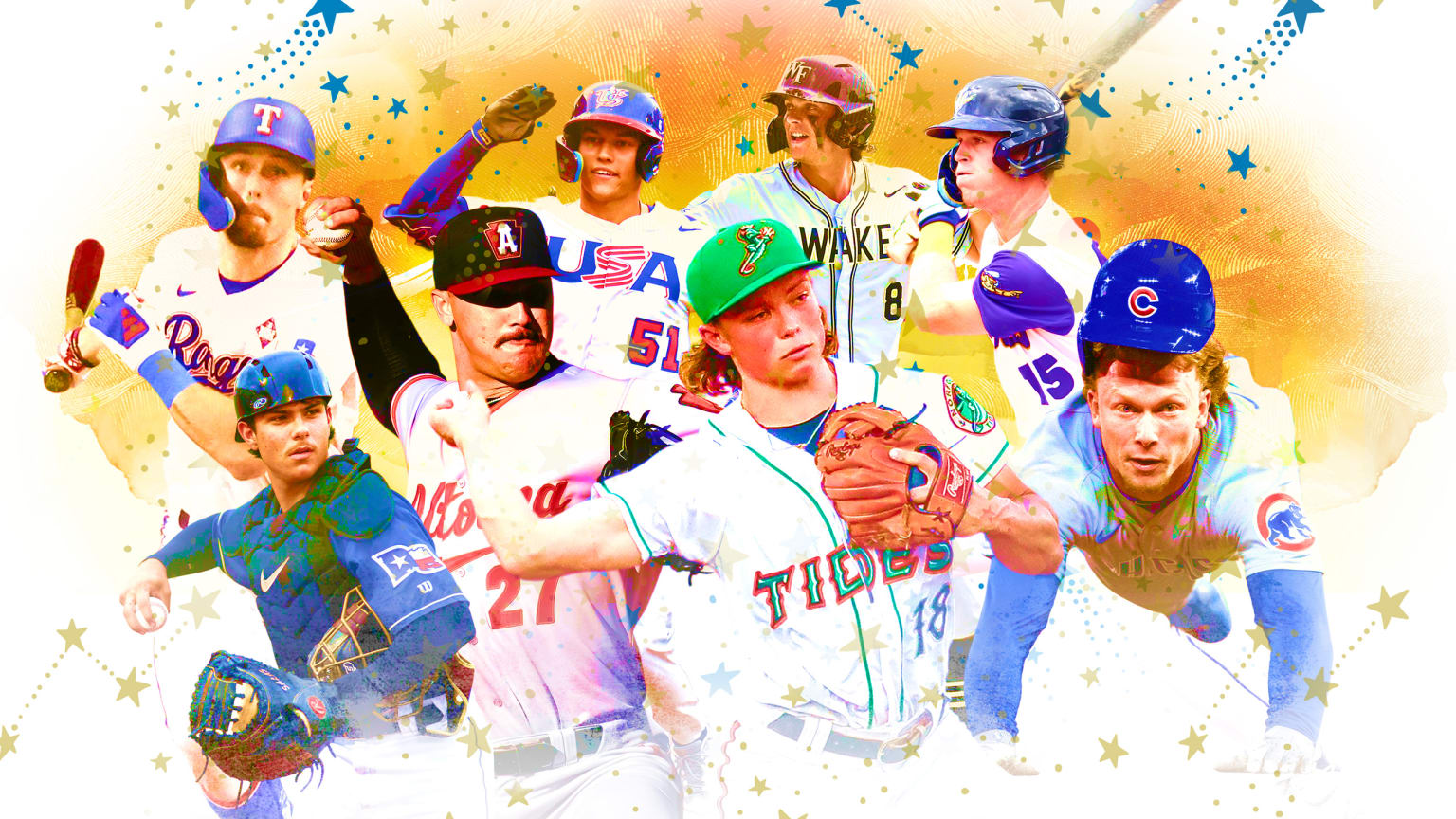 A photo illustration of 8 prospects in action