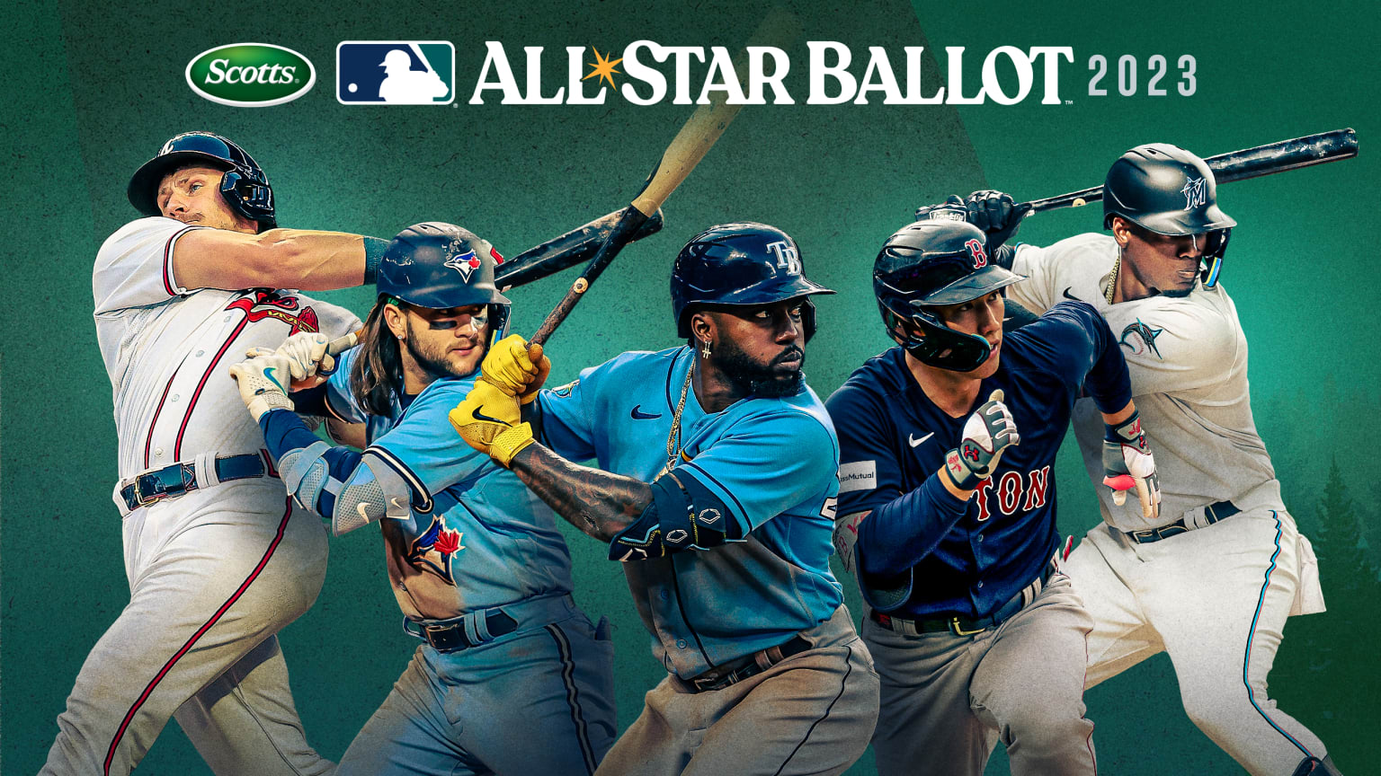 A designed image of Sean Murphy, Bo Bichette, Randy Arozarena, Masataka Yoshida and Jorge Soler under a graphic promoting the All-Star Ballot