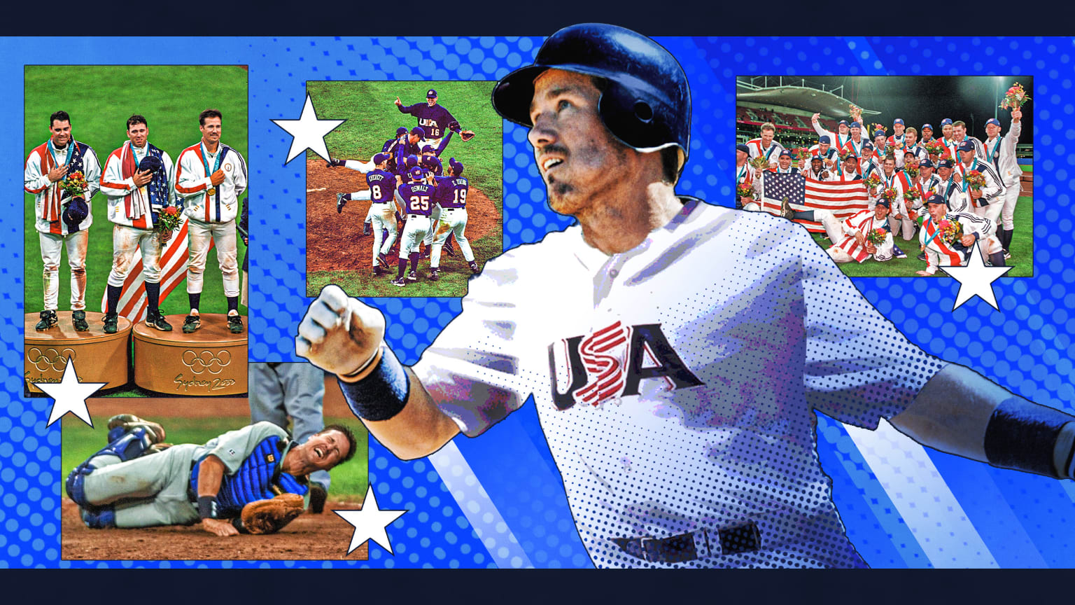 Images of Pat Borders in the Olympics and Team USA celebrating winning gold