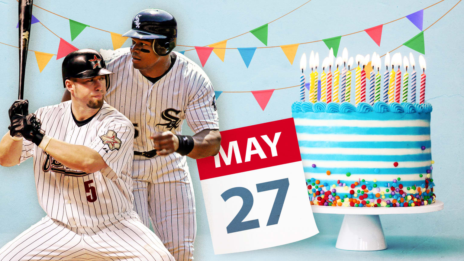A photo illustration of a birthday cake and a May 27 calendar page with images of Jeff Bagwell and Frank Thomas