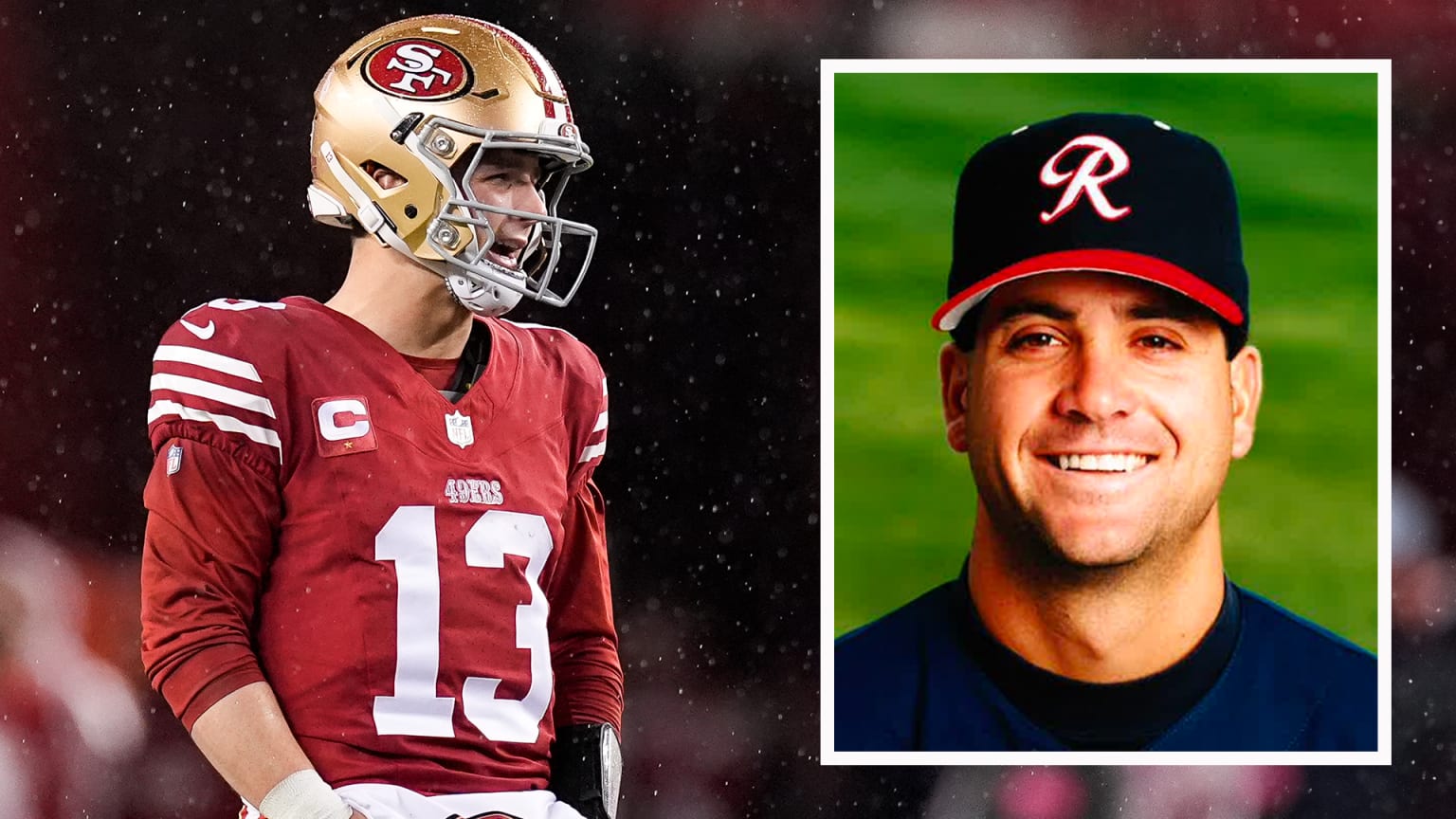 49ers quarterback Brock Purdy with an inset image of his dad Shawn as a Minor Leaguer