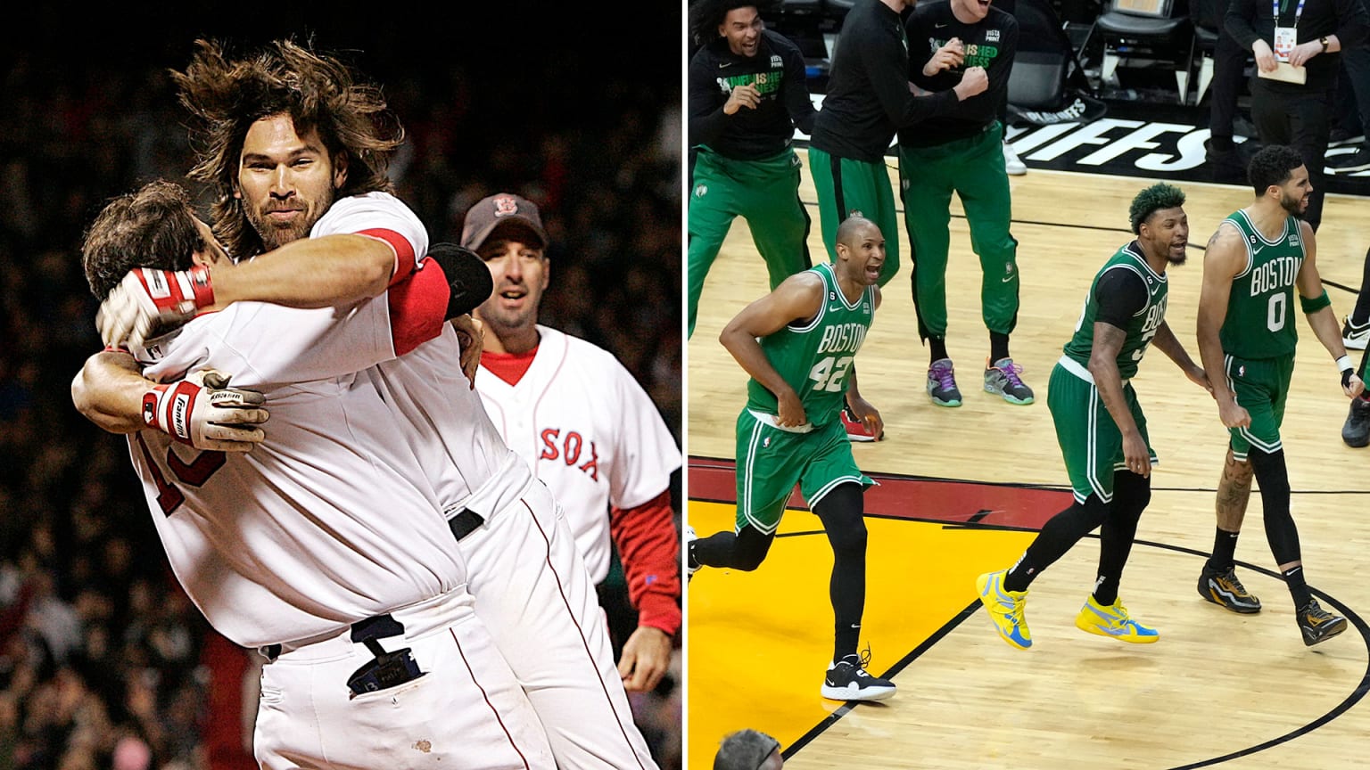 A split photo shows Red Sox and Celtics players celebrating