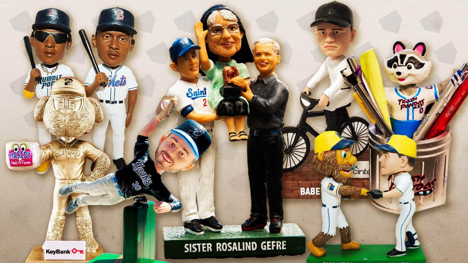 An assortment of unique bobbleheads that were handed out at Minor League games in 2024