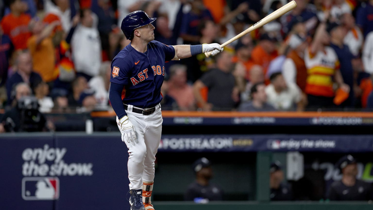 Alex Bregman watches his home run in Game 2 of the ALCS