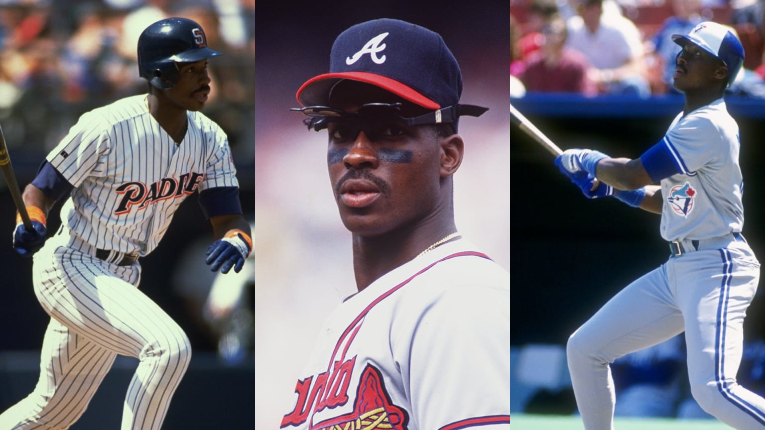Three images of Fred McGriff with the Padres, Braves and Blue Jays