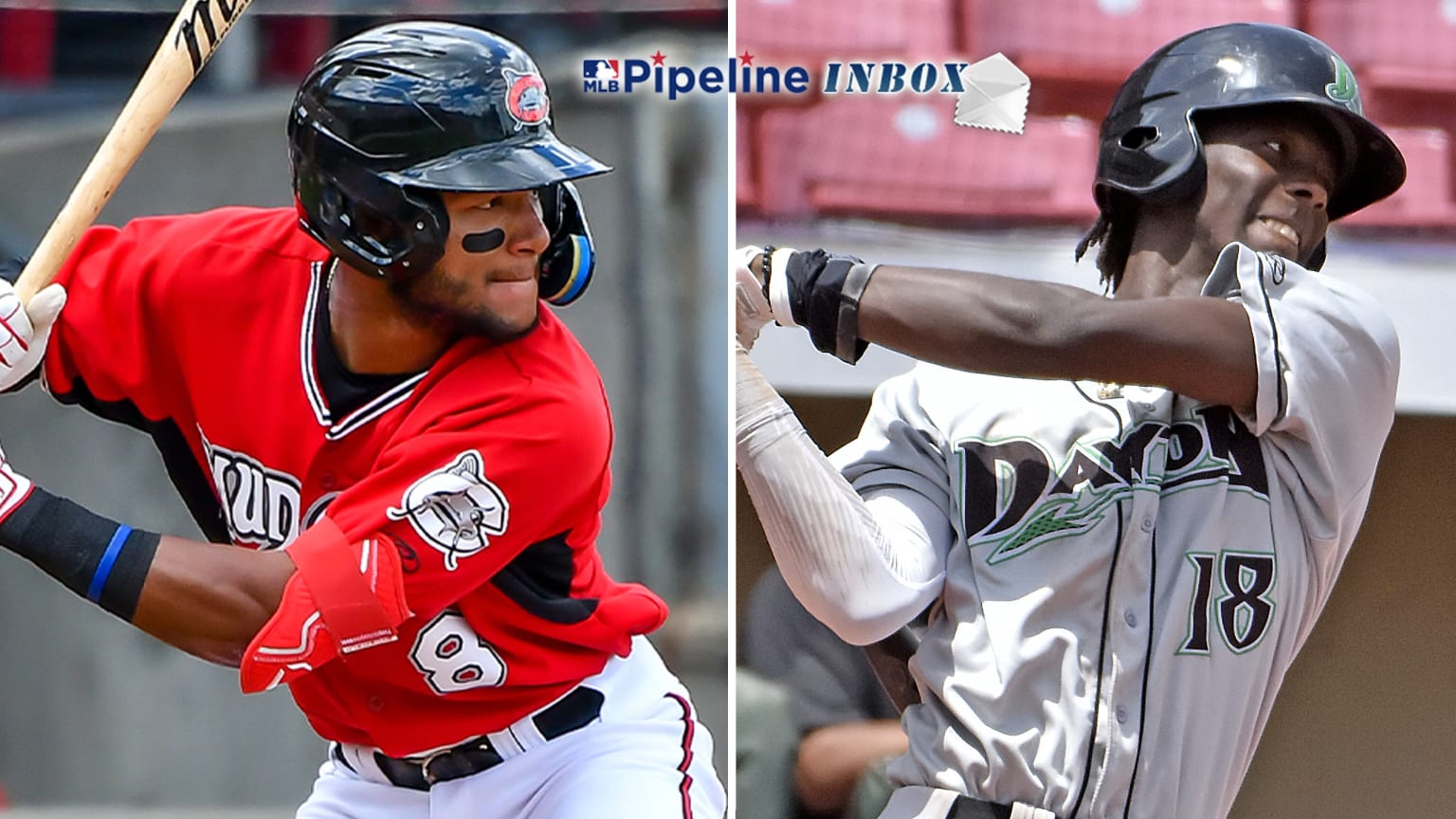 A split image showing two prospects at bat