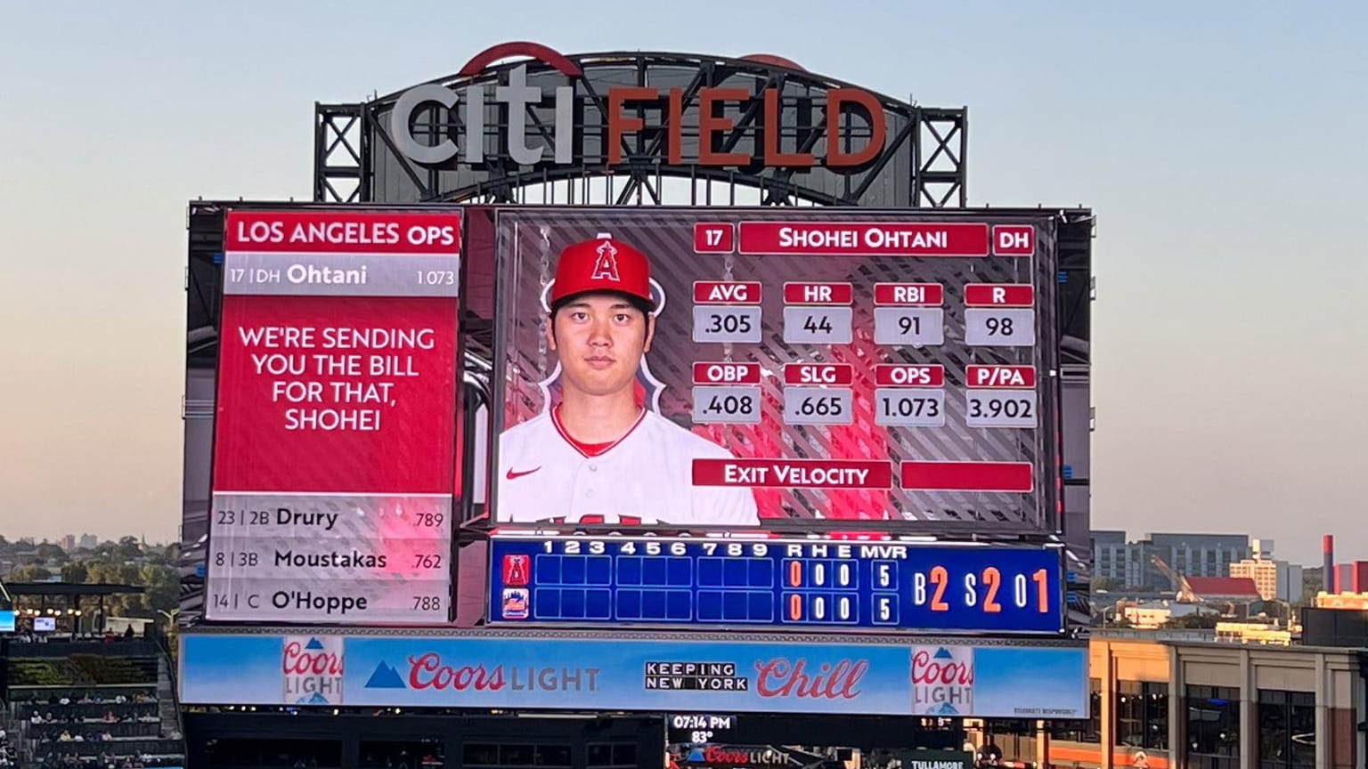The Mets' main scoreboard is pictured with Shohei Ohtani batting