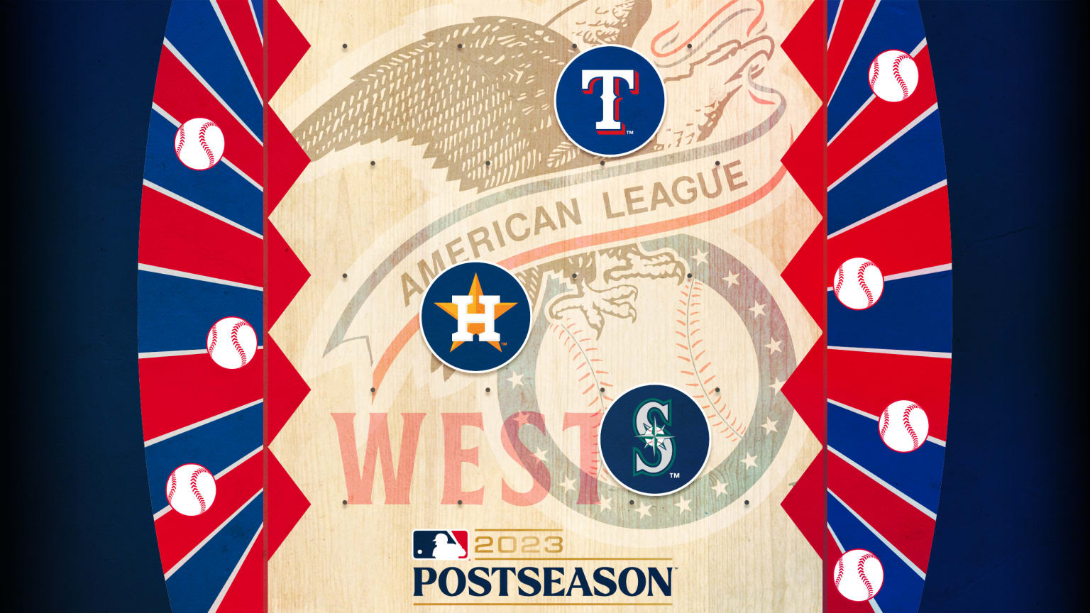 A graphic with logos for the Rangers, Astros and Mariners laid over an American League logo