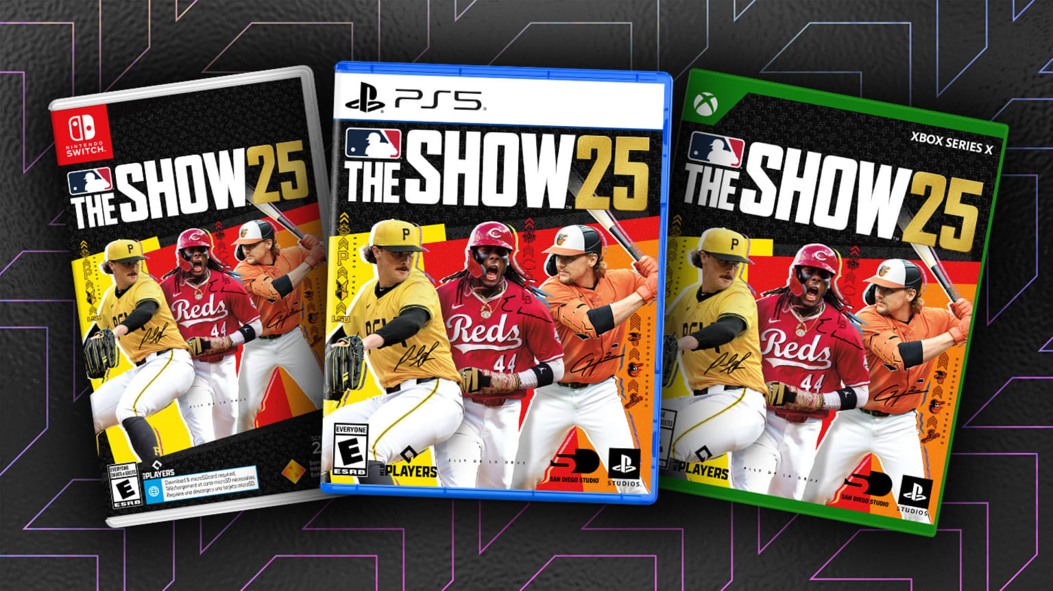 The cover of MLB The Show 25 features Paul Skenes, Elly De La Cruz and Gunnar Henderson