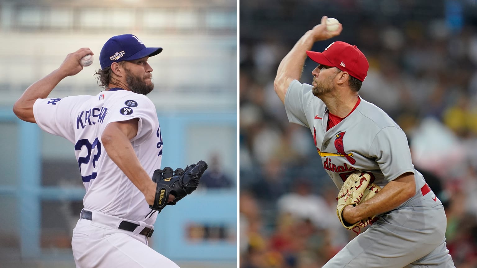 A split photo shows Clayton Kershaw and Adam Wainwright each throwing a pitch