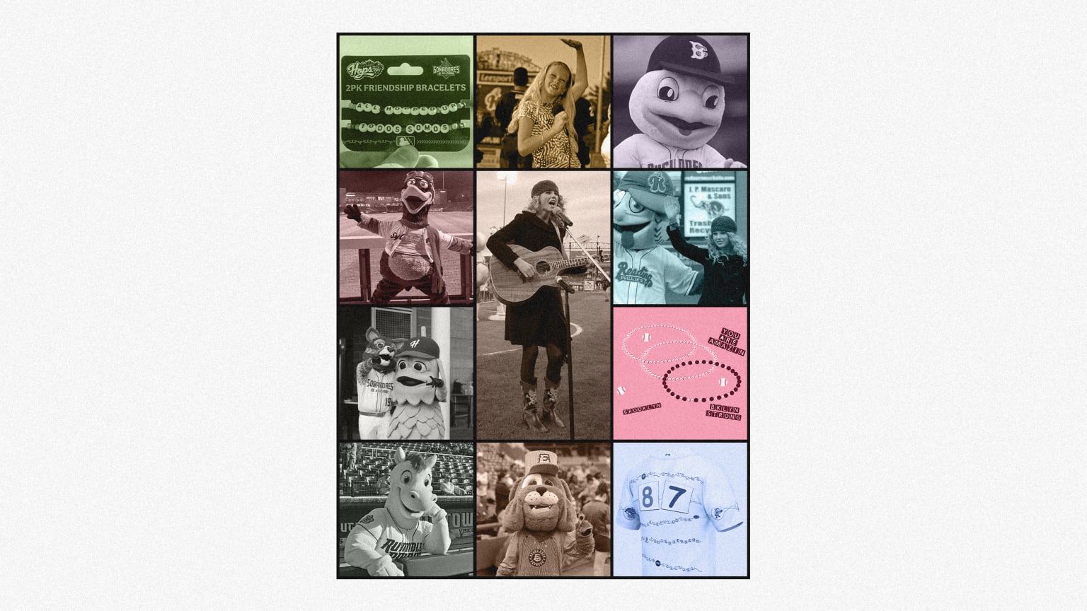 A mock album cover with photos of Taylor Swift and Minor League mascots