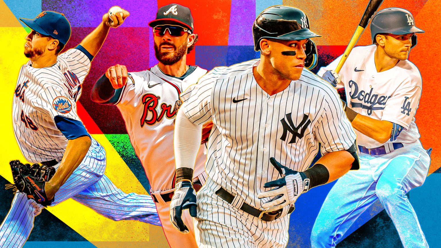 A designed image showing Jacob deGrom, Dansby Swanson, Aaron Judge and Trea Turner against a multi-colored background