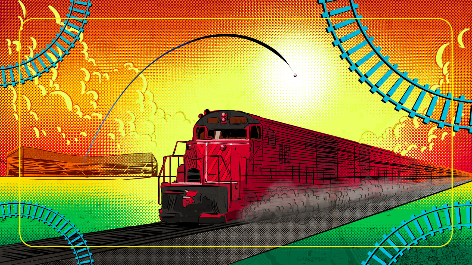 Artwork of a train with a baseball flying toward it from a baseball stadium