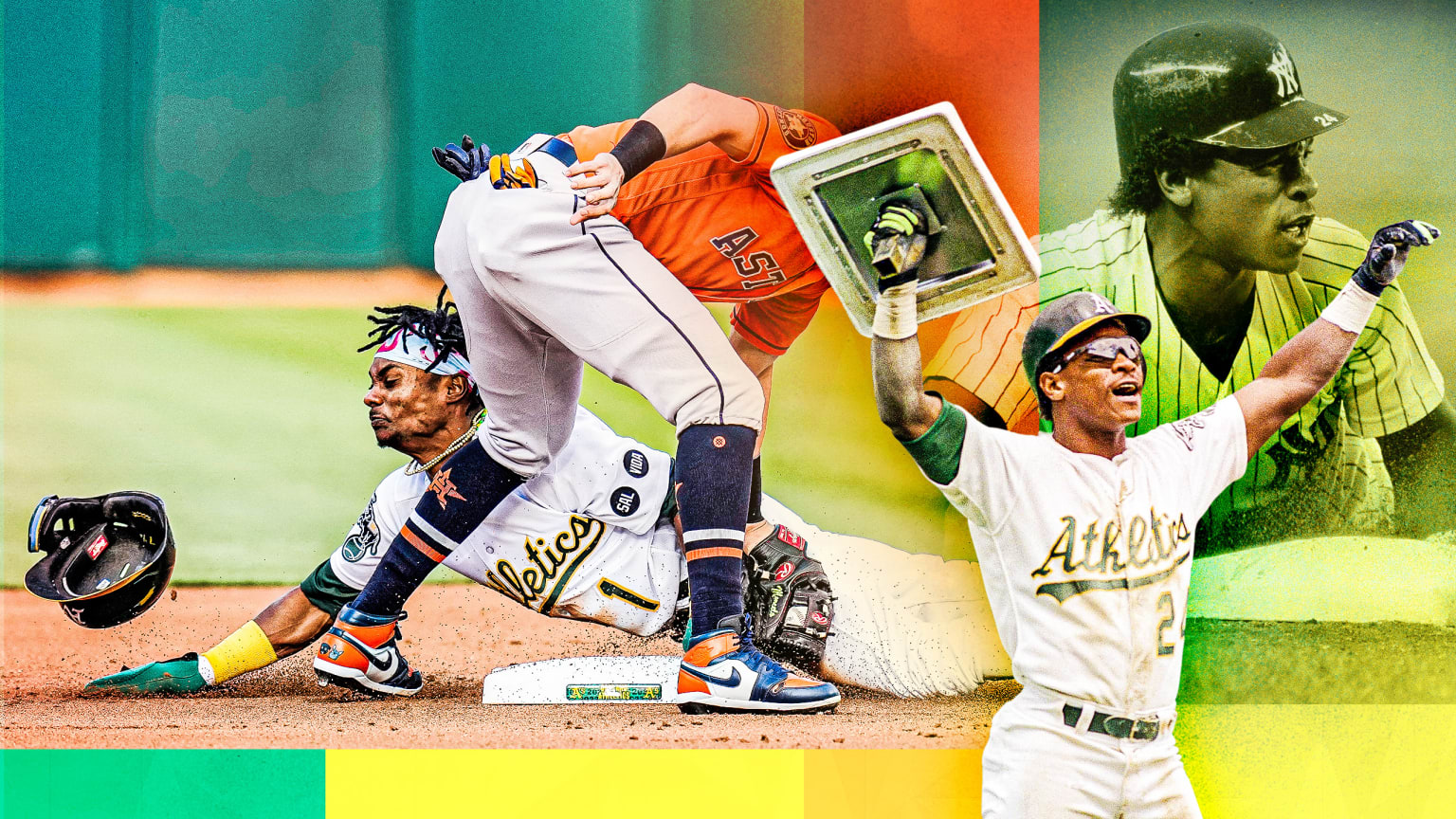 A designed image shows Esteury Ruiz stealing base next to two photos of Rickey Henderson