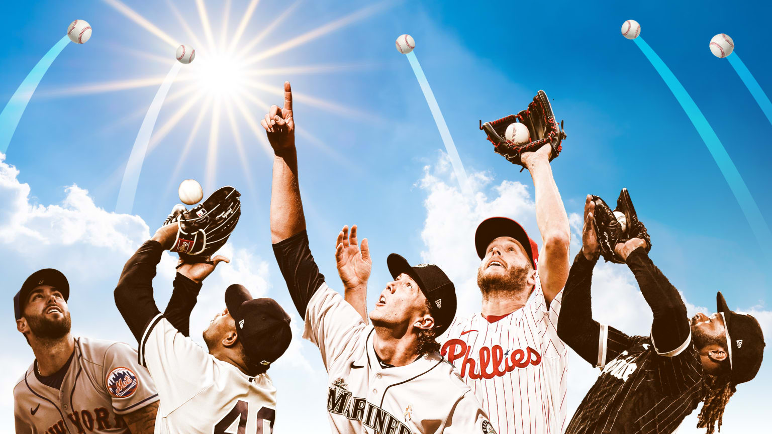 A photo illustration shows five pitchers reaching up to catch pop flies