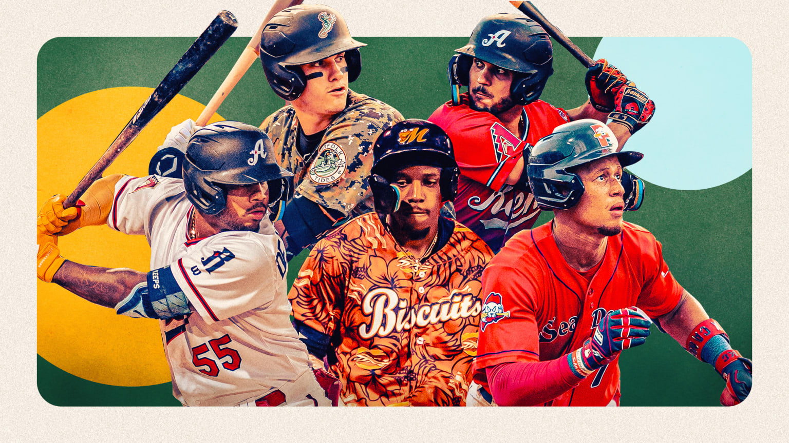 A designed image of 5 prospects in the running for Minor League Hitter of the Year