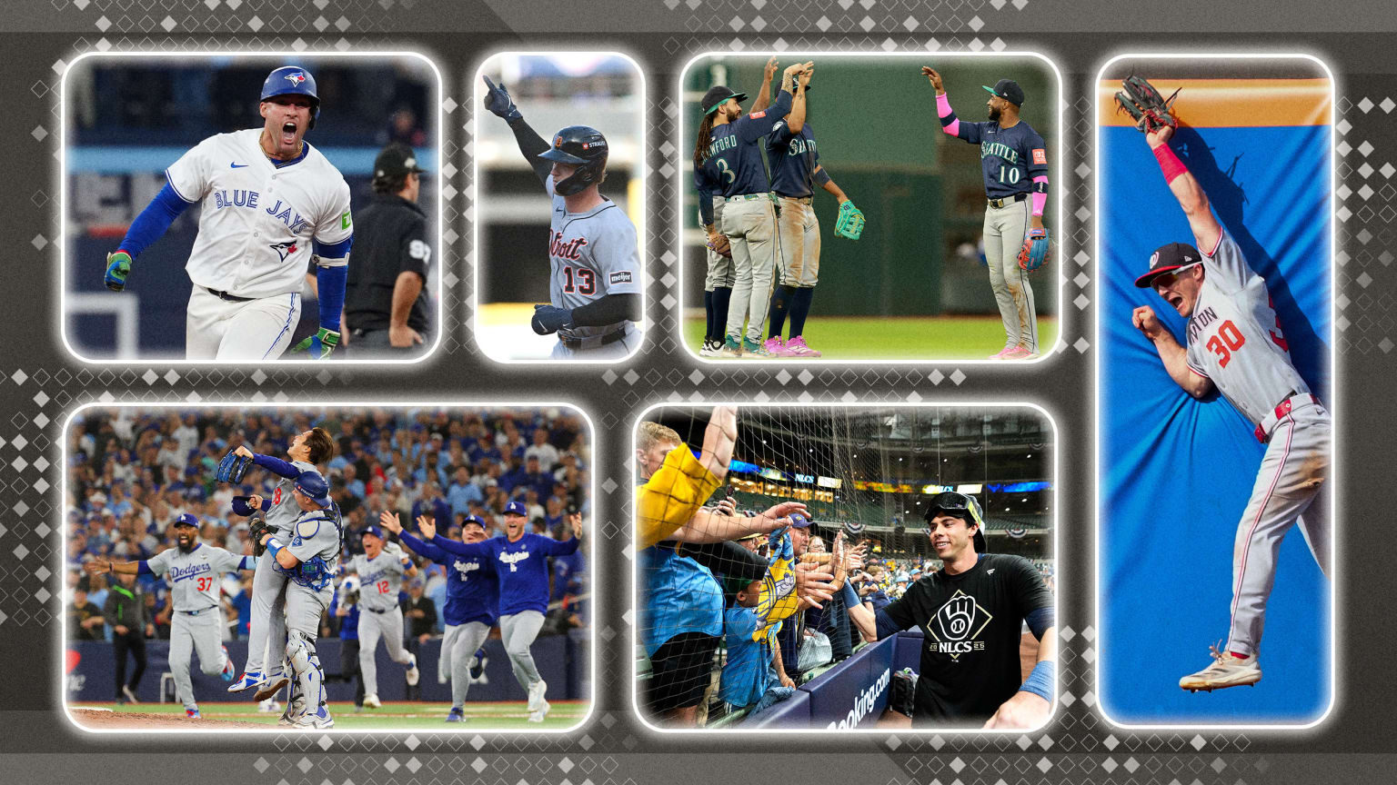 A collage of images depicting wins for the Blue Jays, Tigers, Mariners, Nationals, Brewers and Dodgers